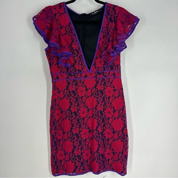 LULU’S Under the Stars Deep Plunge Purple and Red Lace Ruffle Mini Dress Sz M - Picture 3 of 8